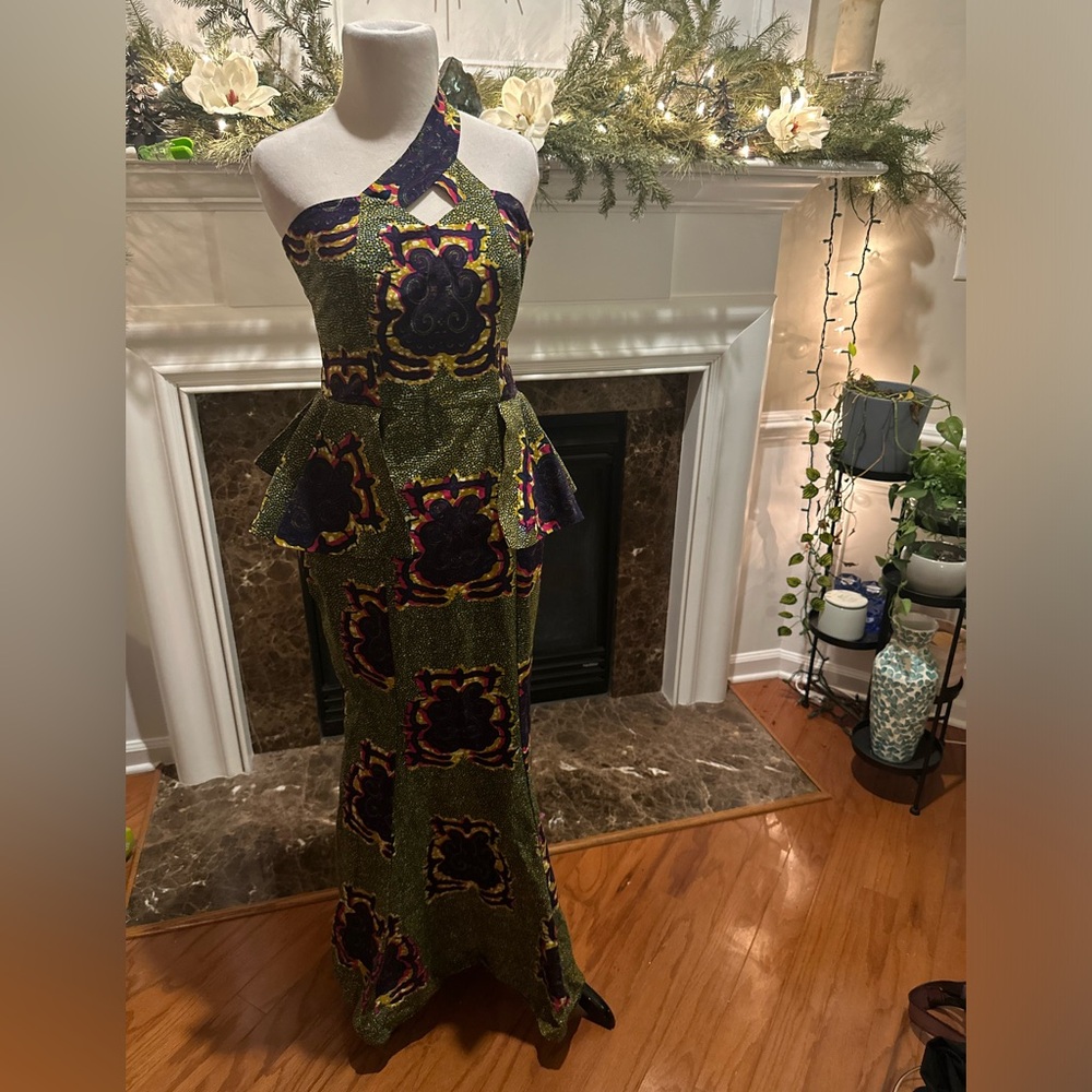 Handmade African Cotton Fabric Green Gold Pink & Purple Patterned Gown (petite)